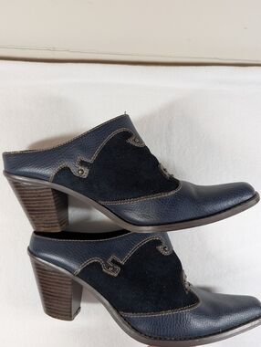 70s Vintage Boho Navy Leather & Suede Western Heeled Mule